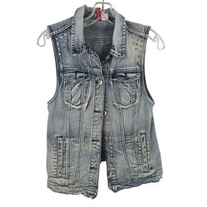 Vintage y2k Distressed Studded Denim Trucker Punk Grunge Jean Jacket Vest Jr Sm